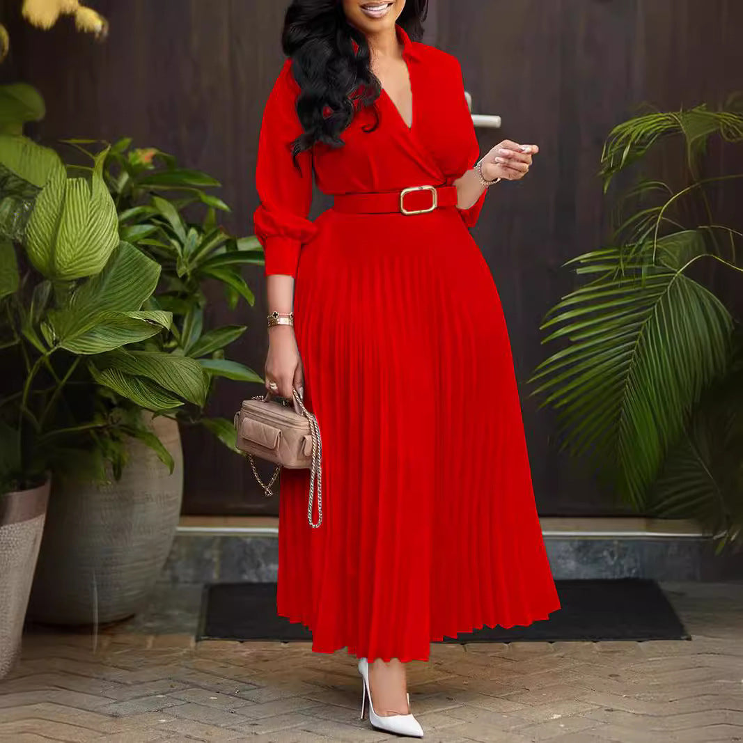 Damen Plissiertes Kleid mit elegantem V-Ausschnitt und Taillengürtel EB