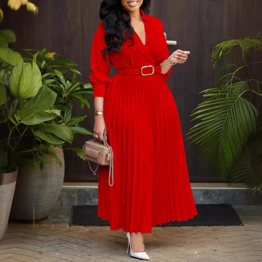 Damen Plissiertes Kleid mit elegantem V-Ausschnitt und Taillengürtel EB
