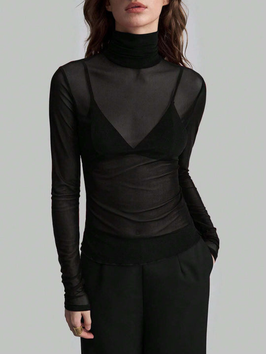 Damen nan feines transparentes Mesh-Langarmtop mit Rollkragen und figurbetonter Passform EB