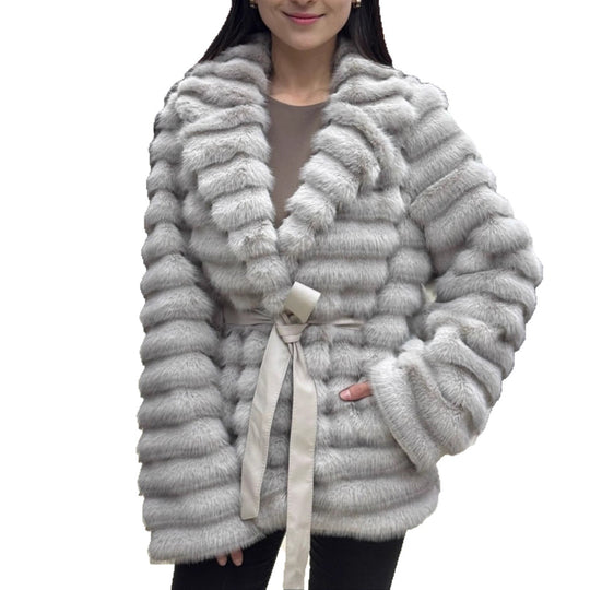 Damen Flauschiger Boucle-Cardigan mit Bindegürtel und weitem Schnitt EB