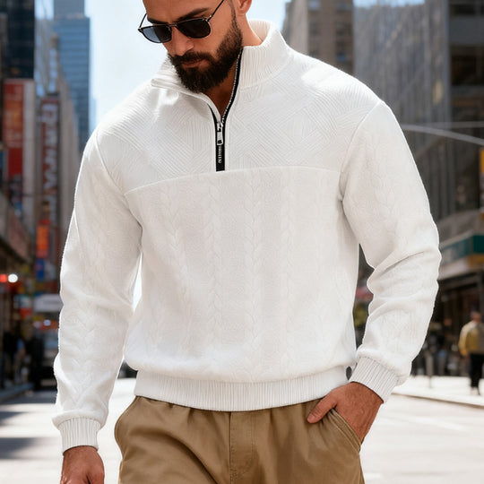 Herren nan strukturiertes Halfzip-Strickpullover mit Zopfmuster und hohem Stehkragen EB