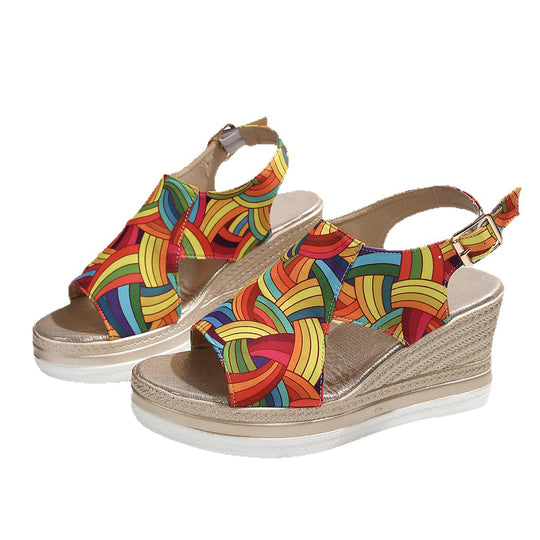Damen Wedge-Sandalen mit buntem geometrischem Muster EB