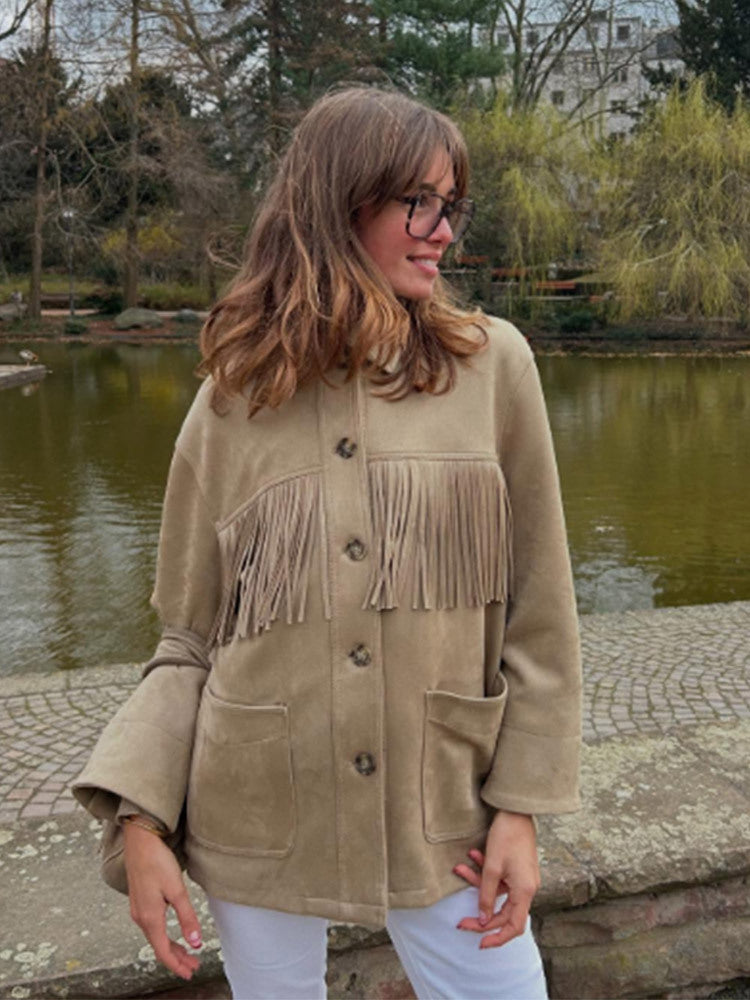 Damen geschmackvolle Kunstlederjacke mit Fransen EB
