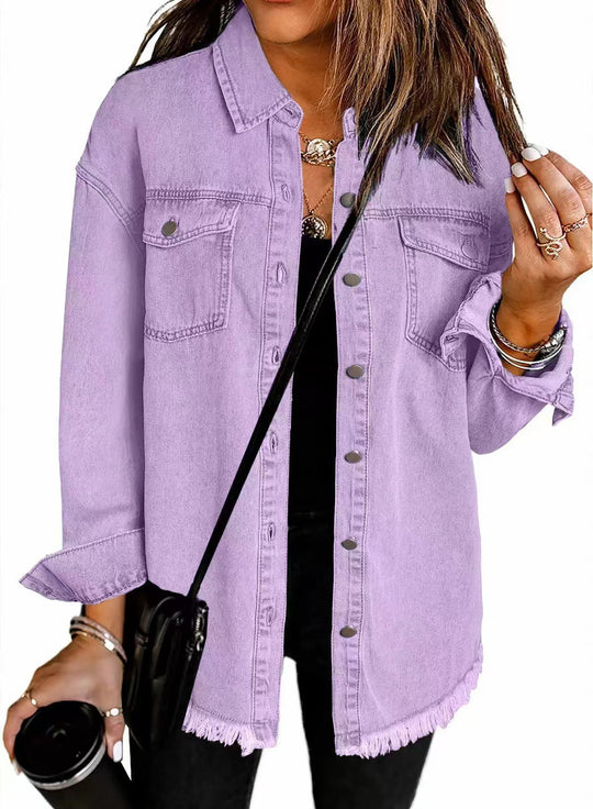 Damen Oversized Jeanshemd mit Fransen EB