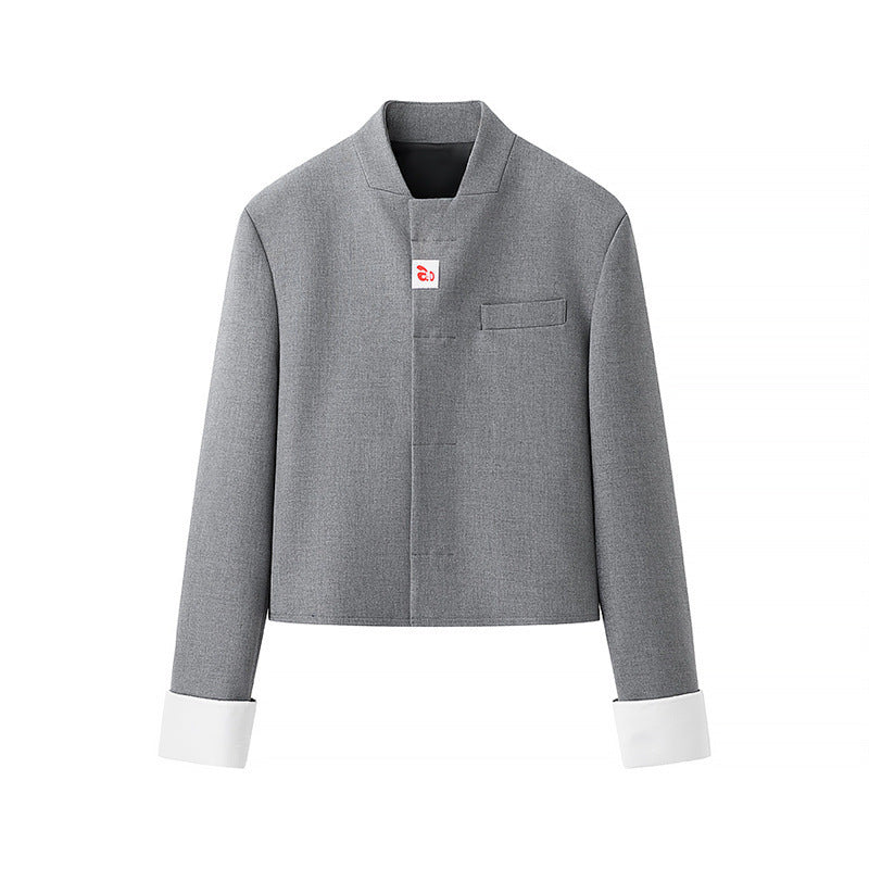 Damen modische Kurzjacke mit asymmetrischem Design und elegantem Stehkragen EB