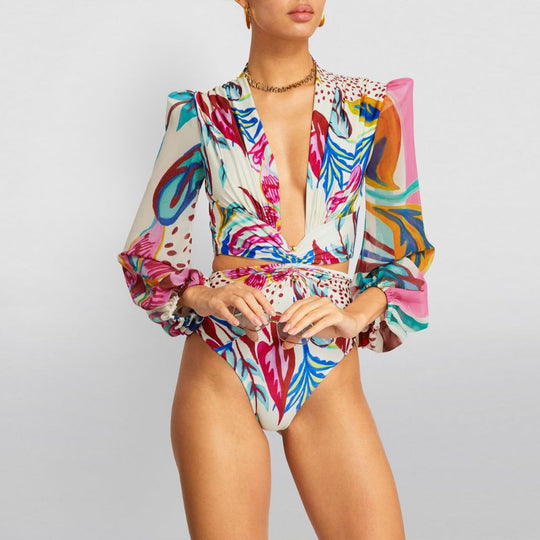 Damen Bikiniset mit langärmliger Bluse und trendy Muster EB