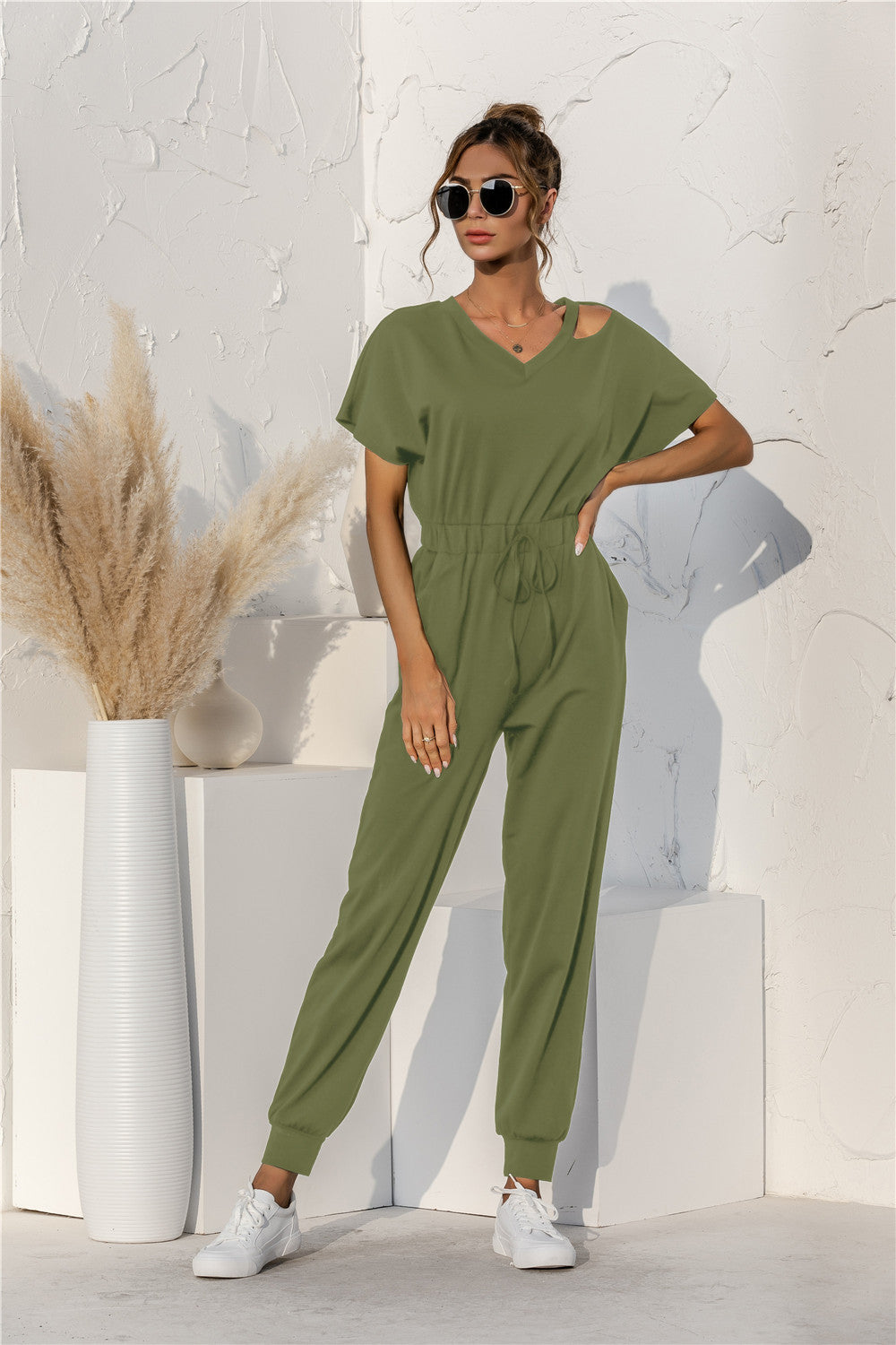 Damen Relaxed Fit Overall mit Kordelzug und Schulterfreies Design EB