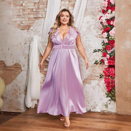 Damen Elegantes Maxikleid mit Rüschendetails und taillierendem Gürtel EB