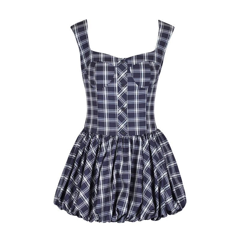 Damen Midikleid mit karierter A-Linien Silhouette und schulterfreien Trägern EB