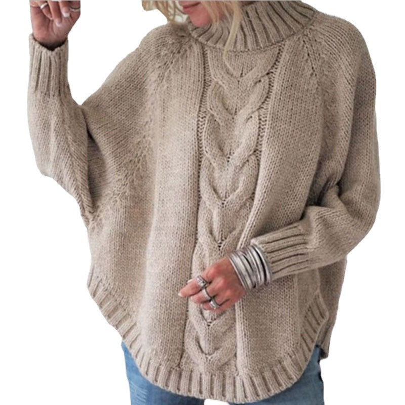 Damen Oversize Strickpullover mit hochgeschlossenem Kragen und detailliertem Zopfdesign EB