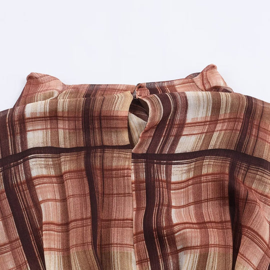 Damen Langarm Kleid im karierten Design mit asymmetrischem Saum und Bindegürtel EB