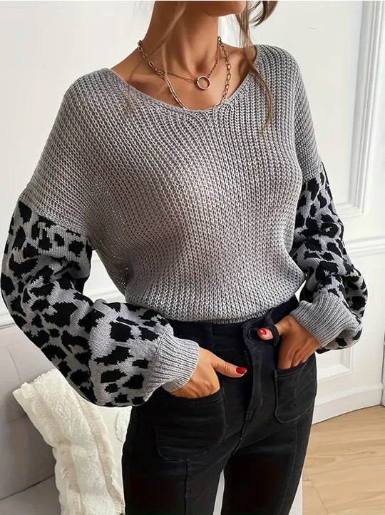 Damen modischer Pullover mit lässiger Weave-Optik und tierischem Muster EB