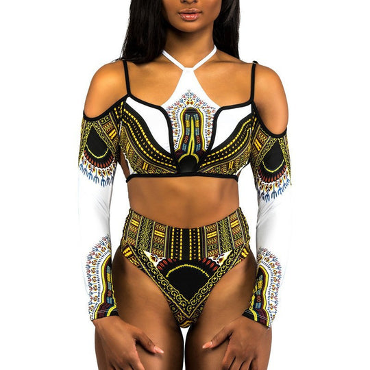 Damen Crop-Top Bikini mit langen Ärmeln und innovativem Muster EB
