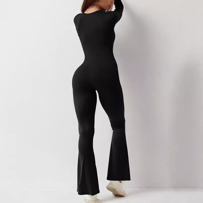 Damen nan figurbetonter Langarm-Jumpsuit mit quadratischem Ausschnitt und ausgestellter Schlaghose EB