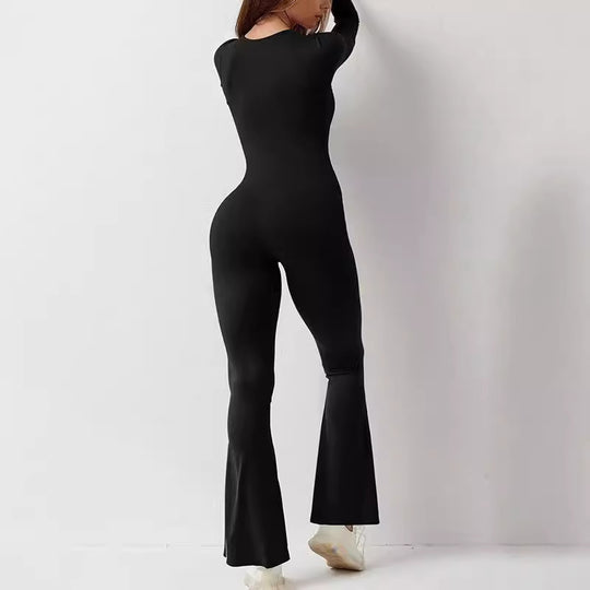 Damen nan figurbetonter Langarm-Jumpsuit mit quadratischem Ausschnitt und ausgestellter Schlaghose EB