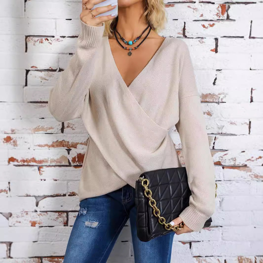 Damen Wickelpullover mit V-Ausschnitt und weitem Schnitt EB