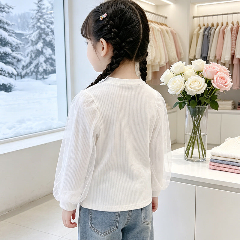 Mädchen elegante Rüschenbluse mit transparenter Tüllverzierung EB