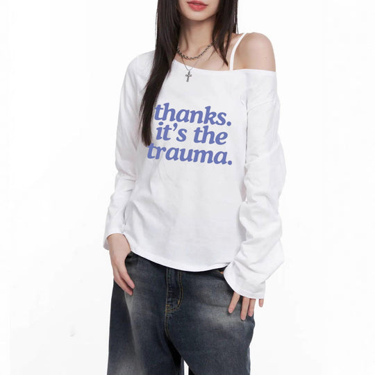 Damen nan Off-Shoulder Langarm-Cropshirt mit Statement-Print, asymmetrischem Ausschnitt und lockerem Oversize-Schnitt EB