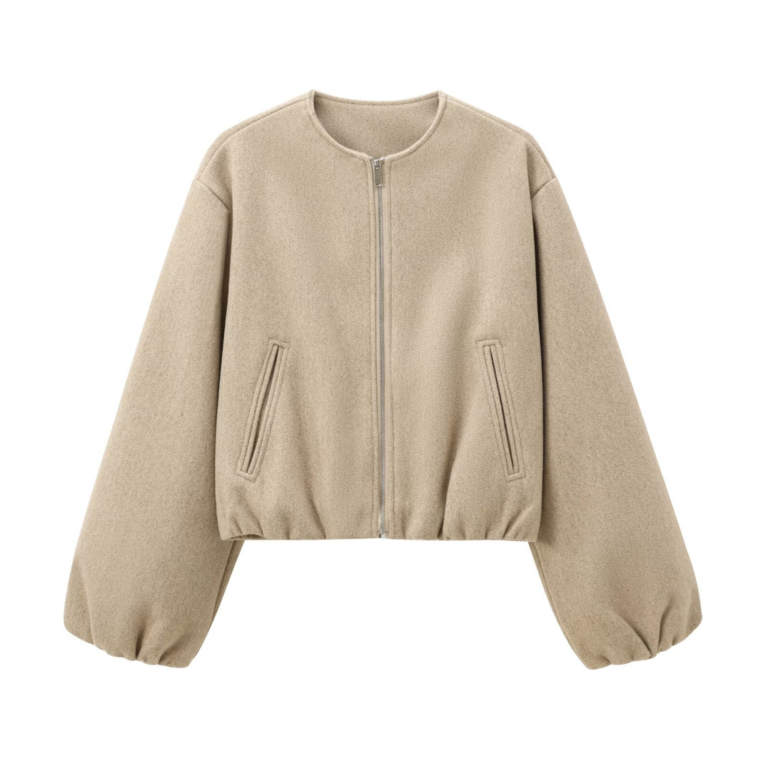 Damen nan kurze Oversize Wollblouson mit Reißverschluss, Ballonärmeln und elastischem Saum EB