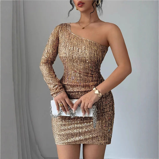 Damen Glitzerndes Cocktailkleid mit asymmetrischem Träger und Raffungen EB