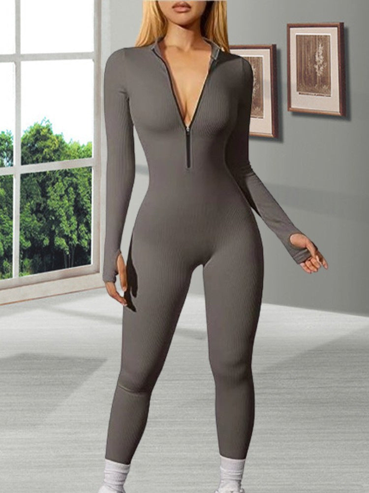 Damen nan figurbetonter Ripp-Jumpsuit mit hohem Halsausschnitt, langem Arm und sculptender Nahtführung EB