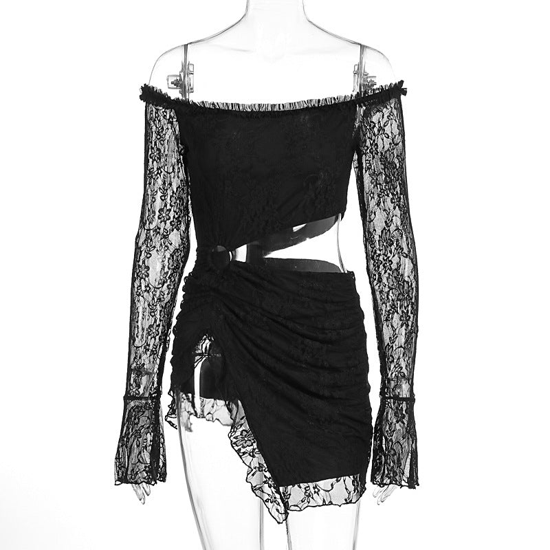 Damen Spitzenkleid mit asymmetrischem Saum und schulterfreiem Design EB