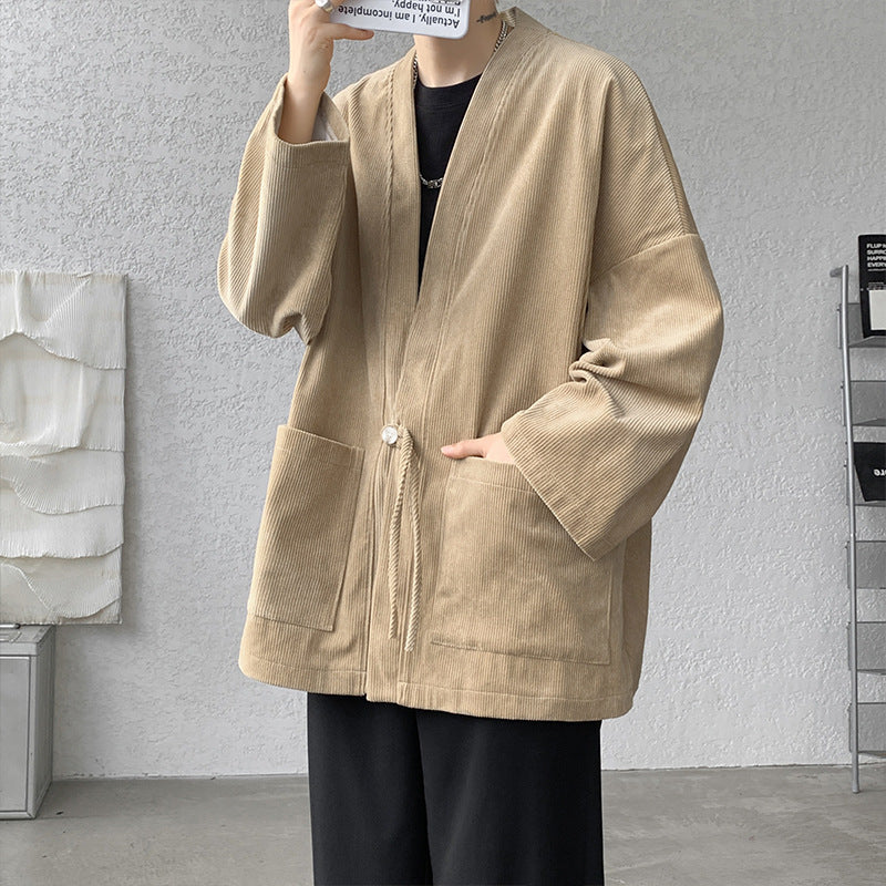 Herren nan oversized Cord-Kimono-Cardigan mit Kordelzug, aufgesetzten Taschen und Tropfenärmeln EB