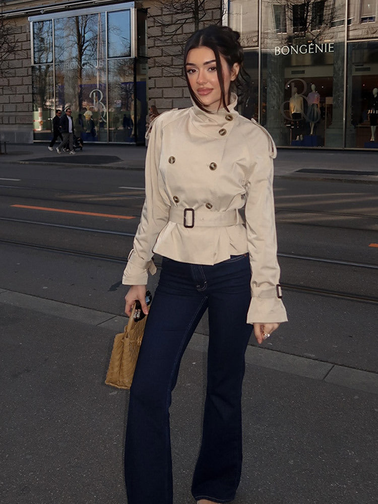 Damen Trenchcoat mit Taillengürtel und dekorativen Knopfdetails EB