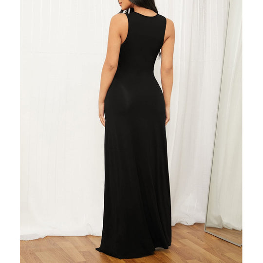 Damen Elegantes Maxikleid mit tiefem V-Ausschnitt und seitlichen Schlitzen EB