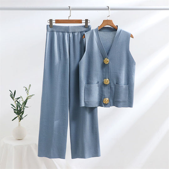 Damen elegantes Strick-Loungewear-Set mit Knopfdetaillierung EB