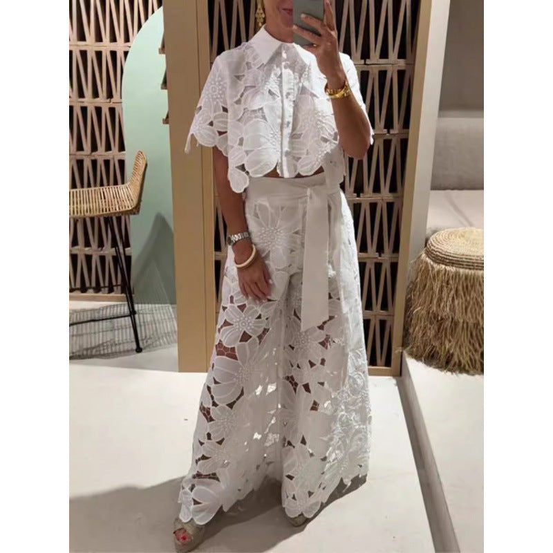 Damen Zweiteiliges Spitzen-Set mit Blumenstickerei und Palazzohose EB