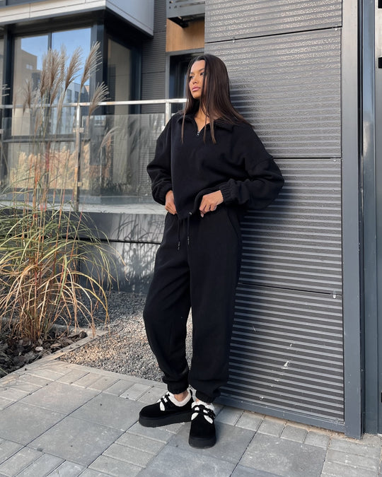 Damen Ultraweiches Fleece-Relaxset mit Stehkragen, halbem Reißverschluss und elastischer Schlupfhose EB