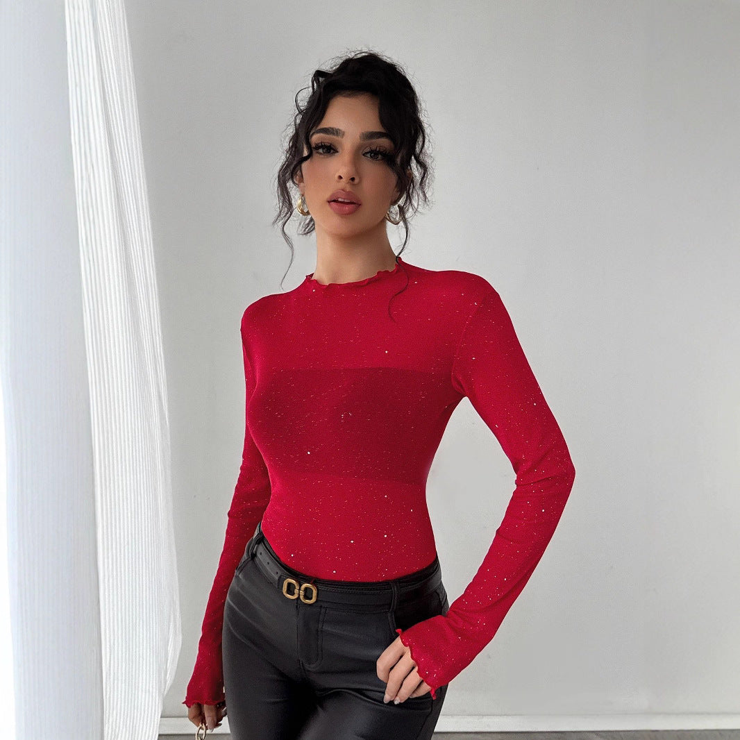 Damen Eleganter Bodysuit mit funkelnden Details und Rüschenkragen EB