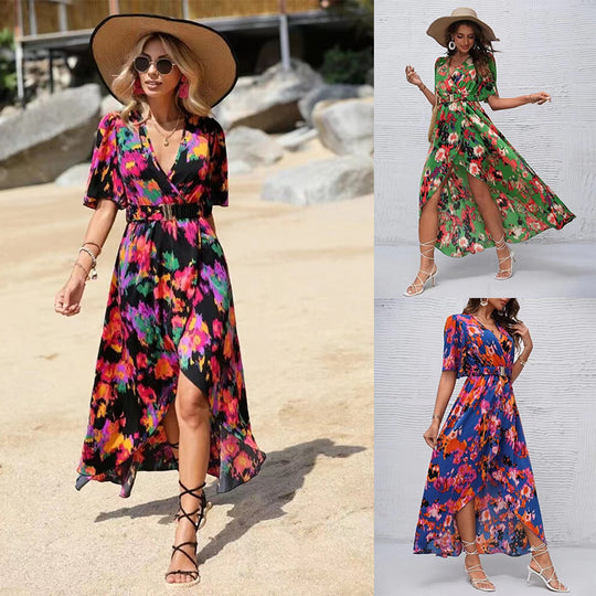 Damen Maxikleid mit elegantem Wickelstil und raffinierten Ärmeln EB