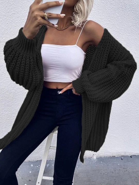 Damen Grobstrick-Cardigan mit voluminösen Ärmeln und offener Vorderseite EB