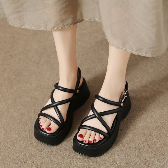 Damen geschlossene Plateau-Sandalen mit braunem Riemendesign EB