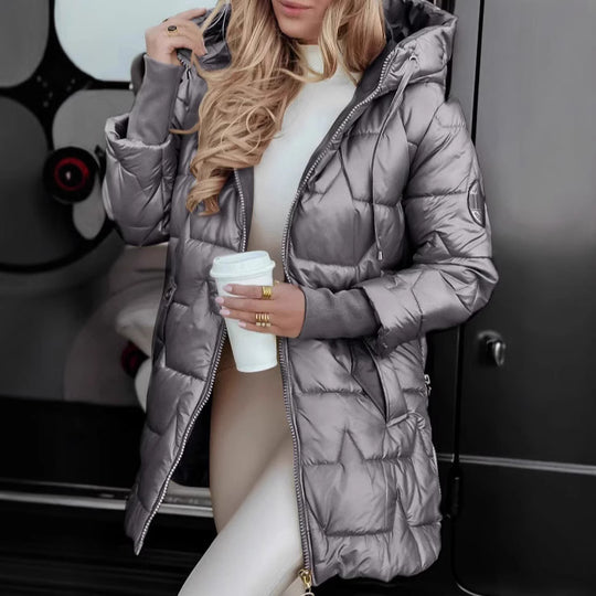 Damen Lange Steppjacke mit Kapuze und praktischen Taschen EB
