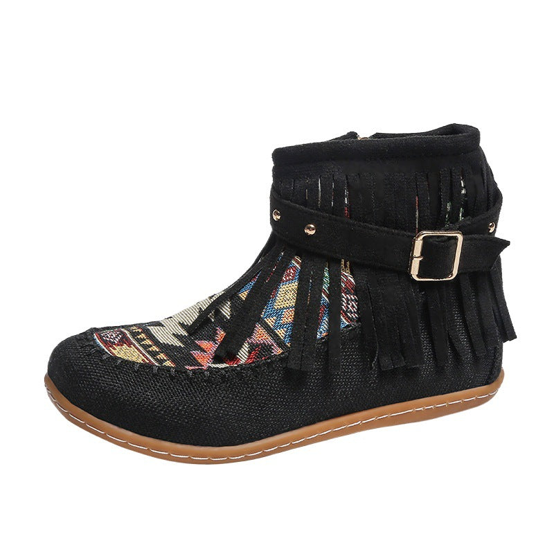 Damen Fransen-Short-Boots aus hochwertigem Stoff mit buntem Ethno-Muster EB