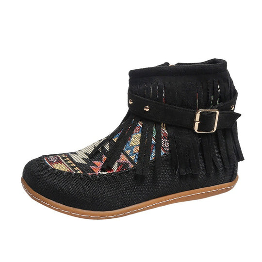 Damen Fransen-Short-Boots aus hochwertigem Stoff mit buntem Ethno-Muster EB