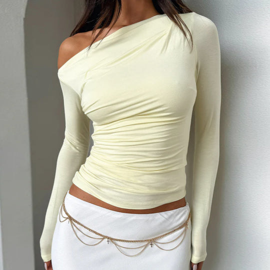 Damen Langarm-Crop-Top mit asymmetrischem Ausschnitt und Raffung EB