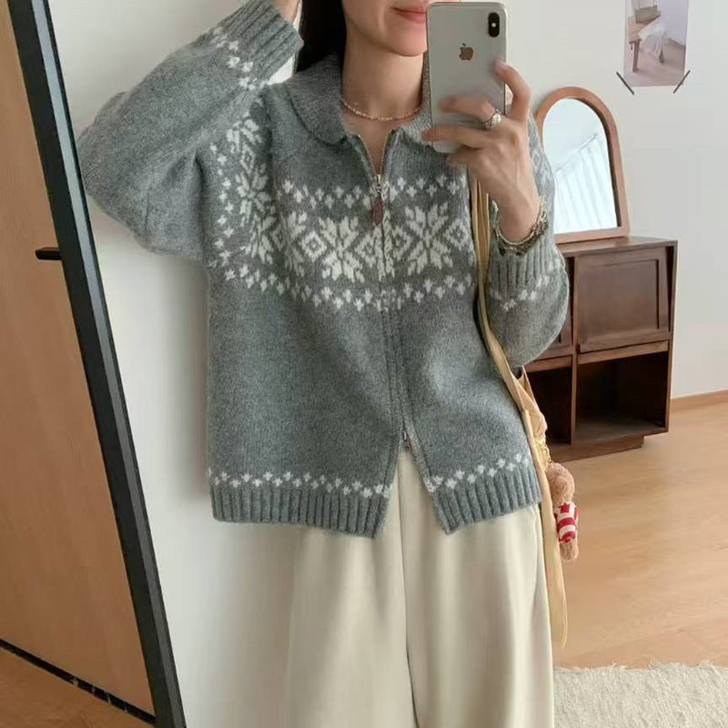 Damen Strickjacke mit modernem Norweger-Muster und hohem Kragen EB