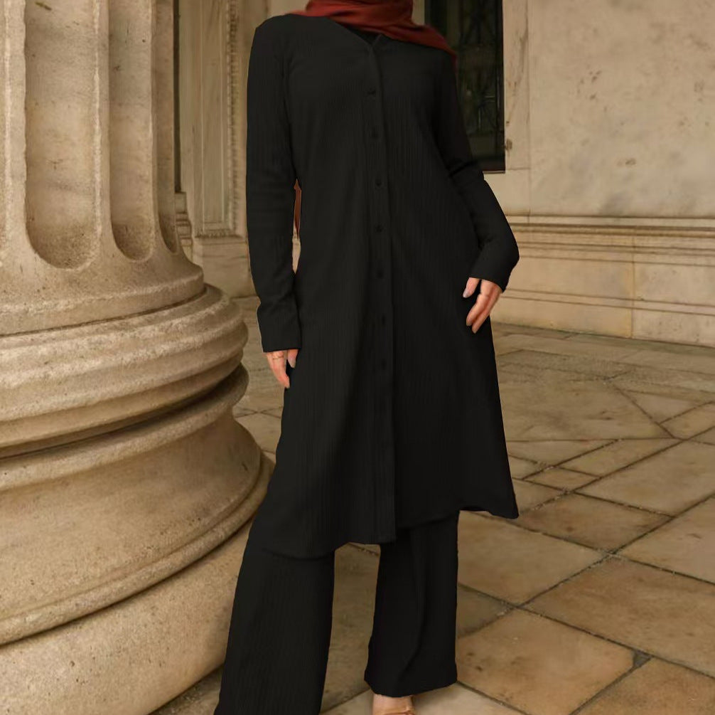 Damen Modestisches Knopf-Tunika-Set mit gerader Silhouette, langen Ärmeln und weitem Palazzo-Hosenbein EB