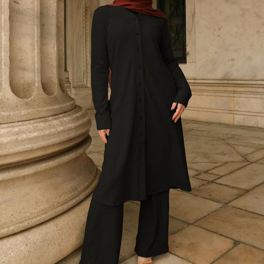 Damen Modestisches Knopf-Tunika-Set mit gerader Silhouette, langen Ärmeln und weitem Palazzo-Hosenbein EB