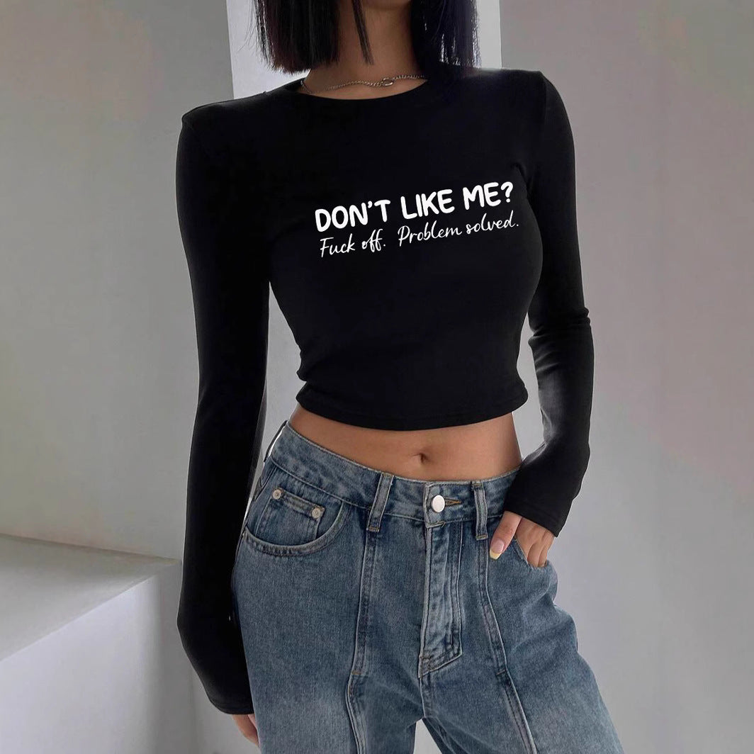 Damen nan figurbetontes langärmeliges Cropped-Shirt mit fotorealistischer Lippen-Collage und schmaler Passform EB