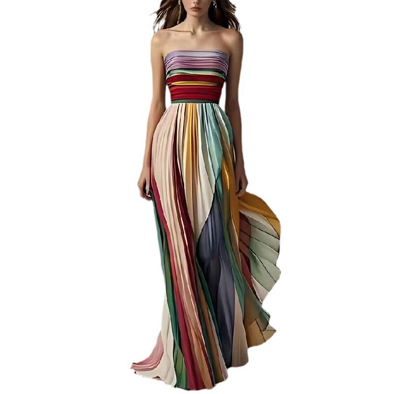 Damen Maxikleid mit Schwingenden Falten und Elegantem Bandeau-Ausschnitt EB