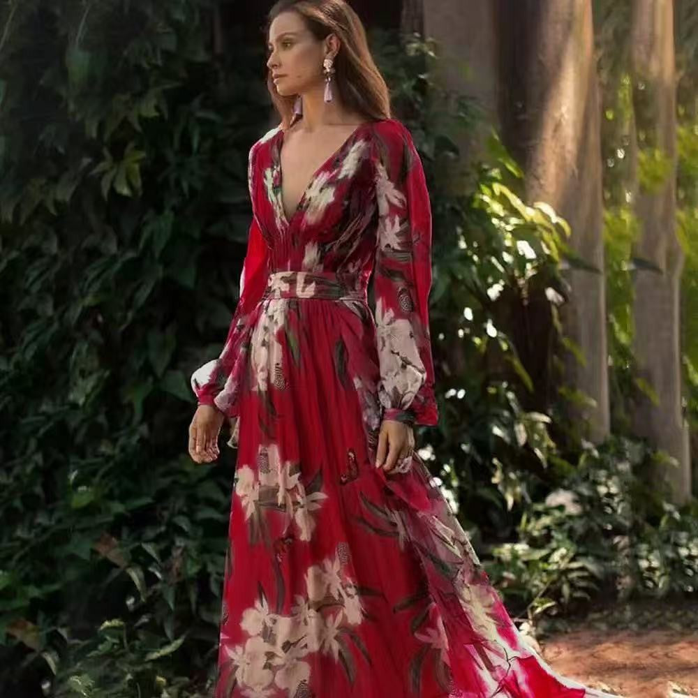 EB | Damen Maxikleid Fließendes V-Ausschnitt