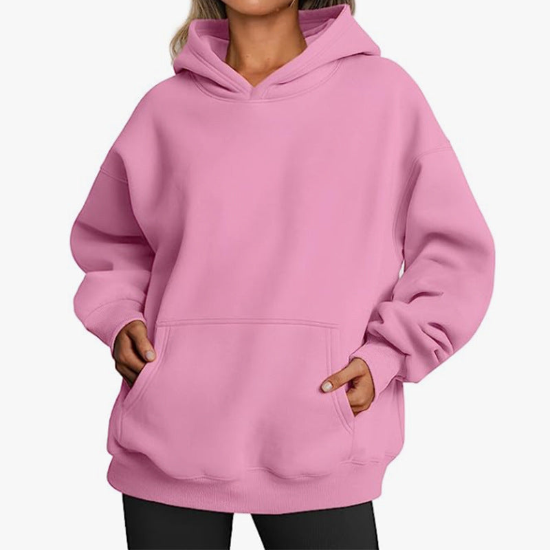 Damen nan Relax-Fleece Kapuzenpullover mit Kängurutasche, verlängerter Rücken und überschnittener Schulter EB