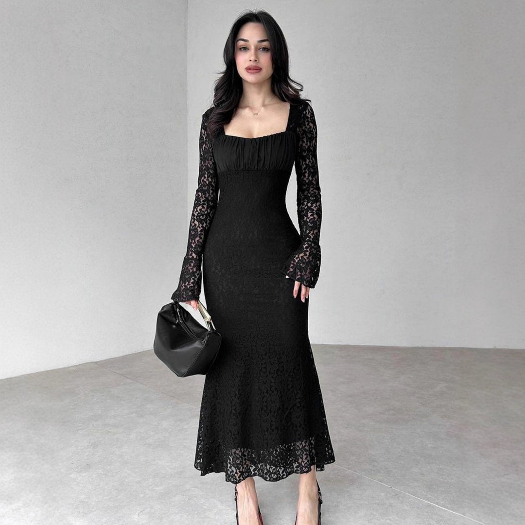 Damen elegantes Spitzenkleid mit langem Arm und figurbetontem Schnitt EB