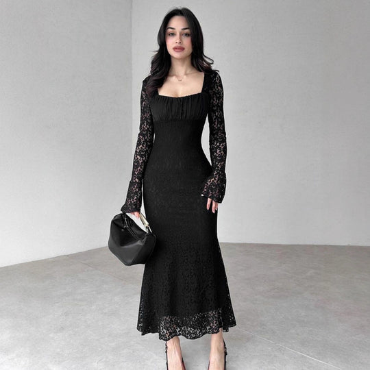 Damen elegantes Spitzenkleid mit langem Arm und figurbetontem Schnitt EB