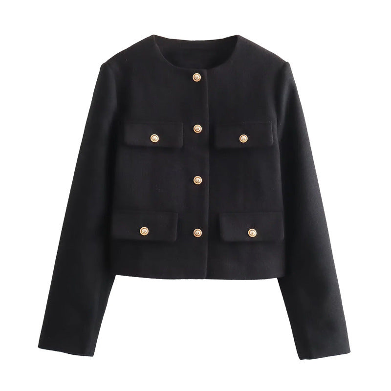 Damen Modische Kurzjacke mit dekorativen Knöpfen und praktischen Taschen EB